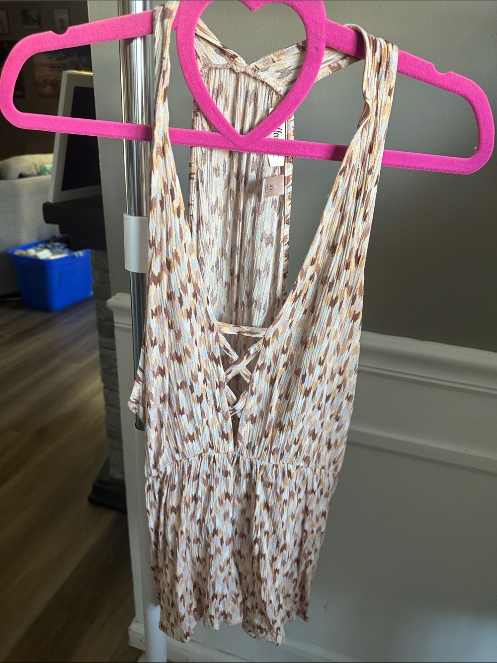 Crisscross V-Neck Printed Tank Romper in Beige Brown